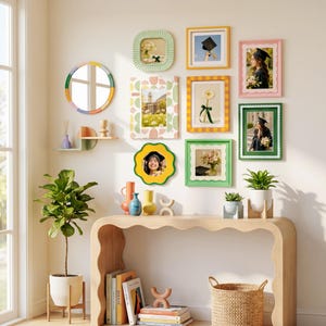 Funky Eclectic Mixed Shape Frame Set, Scalloped Petal Frames with White Mat, Fits 4x4 & 4x6, College Graduation Gift for Cottage Wall Decor