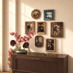 Vintage Mixed Shape Walnut Frame Set, Wood Collage Frames for Family Memory Photo Gallery Wall, 4x4 4x6 5x7 Sentimental Family Keepsake Gift