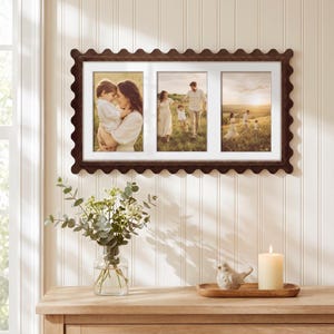 Vintage Walnut Triple Photo Frame, Scalloped Collage Frame with 3 Openings, Holds Three 4x6 Family Photos, Cottage Wall Decor,Keepsake Gift image 8