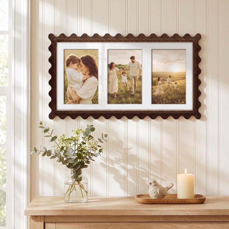 Vintage Walnut Triple Photo Frame, Scalloped Collage Frame with 3 Openings, Holds Three 4x6 Family Photos, Cottage Wall Decor,Keepsake Gift image 8