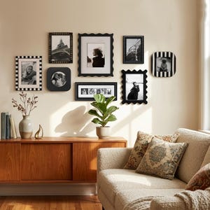Mixed Shape Black Gallery Wall Frame Set, Wavy Striped Photo Frames Collage, 1.6x8 4x4 4x6 5x7 8x10 Family Wall Set, Modern Minimalist Decor