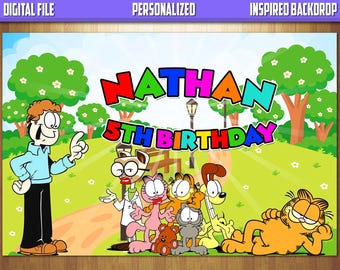 Garfield födelsedagsbakgrund, Garfield födelsedagsbanner, Garfield födelsedagsfesttillbehör, personlig bakgrund digital fil