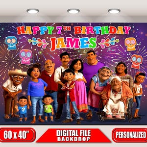 May include: A rectangular birthday backdrop featuring the text HAPPY 7TH BIRTHDAY JAMES in colorful letters. The design includes a group of eleven animated characters against a purple background with fireworks and four sugar skull icons.