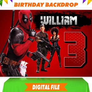 Deadpool-bakgrund, Deadpool-banner, Deadpool-födelsedagsfesttillbehör, personlig bakgrund digital fil bild 1