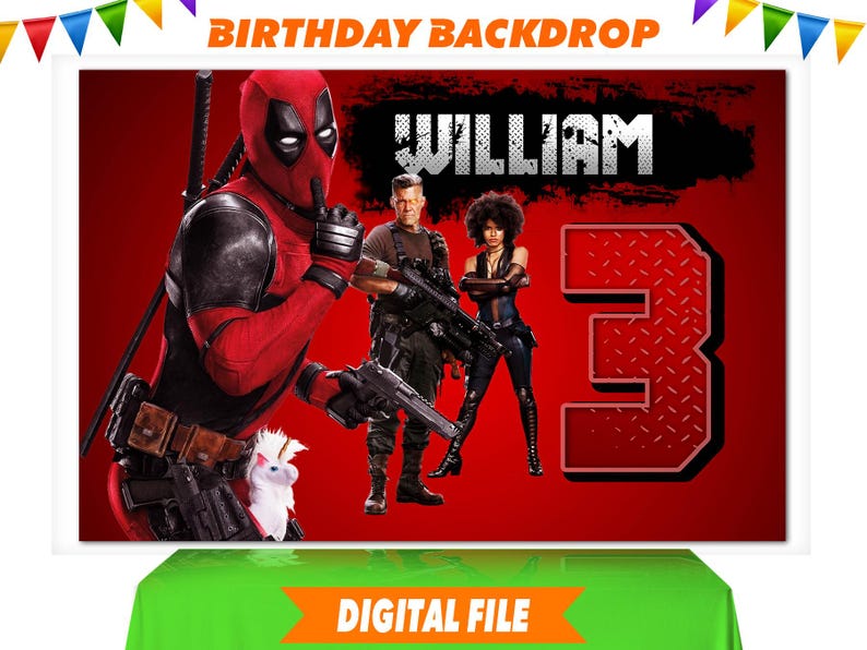 Deadpool-bakgrund, Deadpool-banner, Deadpool-födelsedagsfesttillbehör, personlig bakgrund digital fil bild 1
