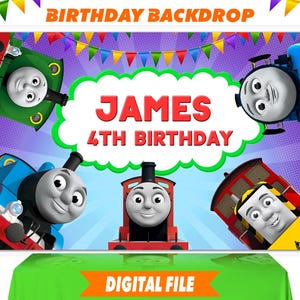May include: A colorful birthday backdrop featuring cartoon trains and the text "JAMES 4TH BIRTHDAY." The design includes a purple background with a banner of colorful flags and the words "BIRTHDAY BACKDROP" and "DIGITAL FILE."