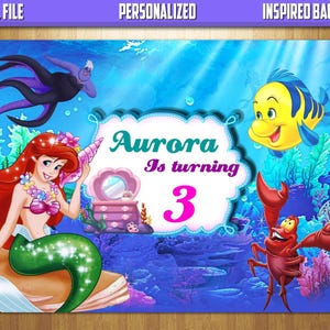 Lilla sjöjungfrun födelsedagsbakgrund, lilla sjöjungfrun födelsedagsbanner, lilla sjöjungfrun födelsedagsfesttillbehör, personlig bakgrund digital fil bild 2