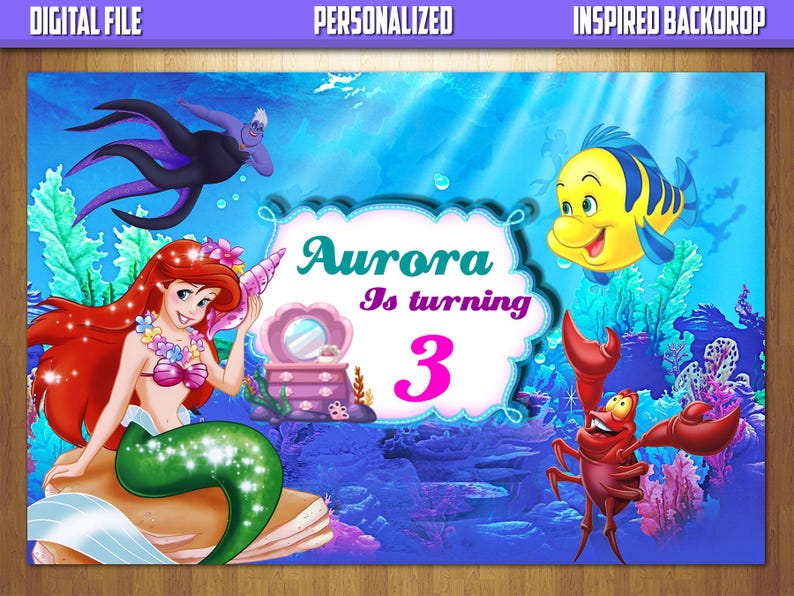 Lilla sjöjungfrun födelsedagsbakgrund, lilla sjöjungfrun födelsedagsbanner, lilla sjöjungfrun födelsedagsfesttillbehör, personlig bakgrund digital fil bild 1