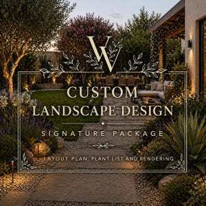 Puede incluir: Imagen de diseño de paisaje personalizado con el texto "Custom Landscape Design Signature Package". La imagen muestra un jardín bien iluminado con un camino de piedra, vegetación exuberante y una zona de estar. El diseño incluye un plano, lista de plantas y renderizado.