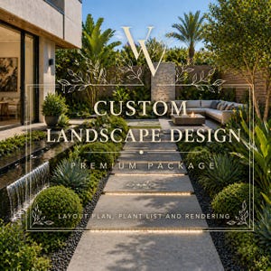 Puede incluir: Diseño de paisaje exterior con un camino de piedra iluminado. La imagen muestra una zona de estar con chimenea, rodeada de exuberante vegetación y una fuente de agua. El texto dice "Custom Landscape Design, Premium Package, Layout Plan, Plant List and Rendering."