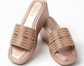 Rose Gold Sparkly Platform Wedge Sandals | Handmade Indian Slides for Women
