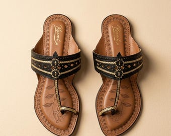 Handcrafted Vegan Leather Kohlapuri Sandals | Black Beige n Tan Ethnic Flats