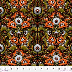 May include: A repeating pattern featuring orange flowers, green foliage, and large, white eyeballs with brown irises against a black background. The design has a Halloween or gothic theme. The image includes the text "Free Spirit Fabrics".