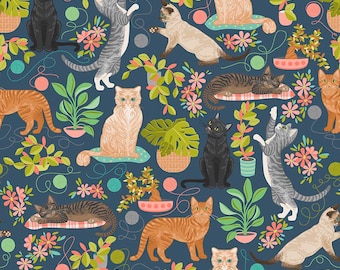 Gatitos curiosos - Gato y plantas - Azul oscuro - De 1/4 a yarda completa - 100% algodón - Algodón para acolchado