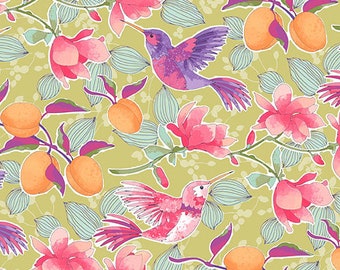 Apricot Grove - Hummingbird Floral - willow green background - QT Fabrics - 1/4 to Full Yard - 100% Cotton -Quilting Cotton