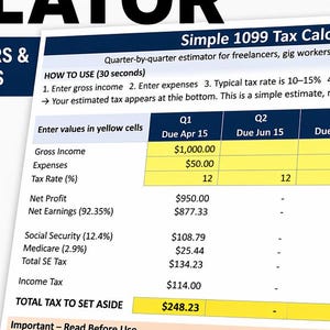 May include: A digital graphic for a 1099 tax calculator, designed for freelancers and independent contractors. The image includes a tax estimator with fields for income, expenses, and tax rate, along with the text "Get Your Tax Instantly."