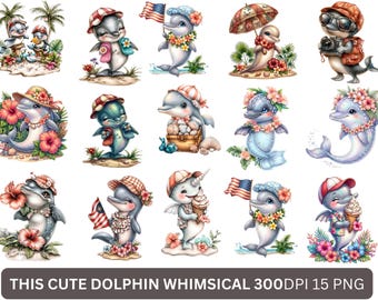 Aquarell Delfin Clipart Bundle, Sommer Ozean Tiere PNG Grafiken (digitaler Download)