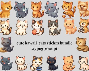 Kawaii Katzen Aufkleber Bundle, Pastell Kitty Clipart, Cartoon PNG Dateien (digitaler Download)