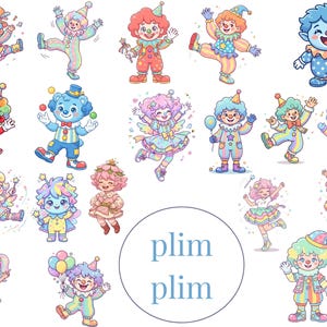 May include: A collection of colorful cartoon clowns and whimsical characters in various poses. The illustrations feature a variety of outfits, including hats, bow ties, and patterned clothing. The word "plim plim" is written in a circle.
