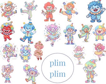 Plim Plim Clown PNG Clipart Bundle, Kawaii Geburtstag Party Dekoration, bunte Aufkleber (digitaler Download)