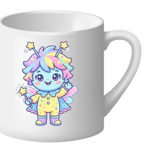 May include: White ceramic mug with a cartoon fairy design. The fairy has a blue face, rainbow hair, and a yellow jumpsuit. It is holding a star wand and has star-shaped antennae. The mug is a standard size for hot beverages.