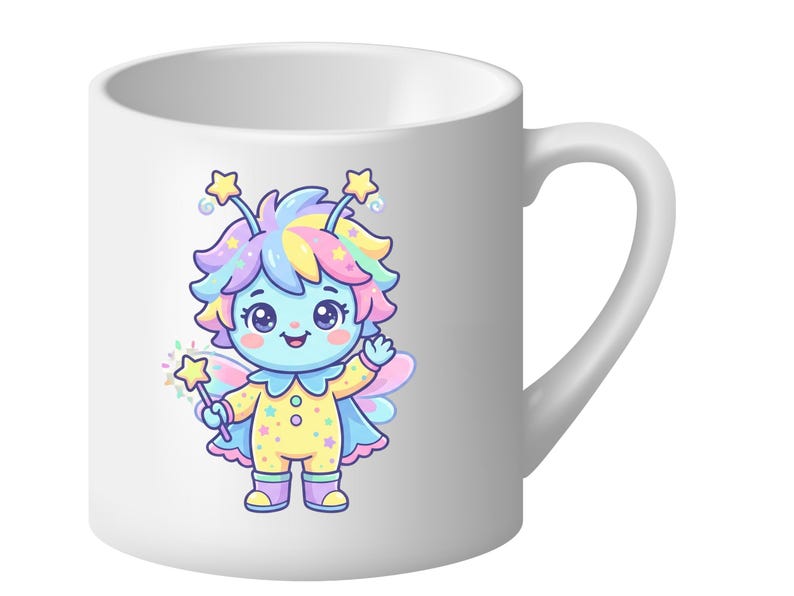 May include: White ceramic mug with a cartoon fairy design. The fairy has a blue face, rainbow hair, and a yellow jumpsuit. It is holding a star wand and has star-shaped antennae. The mug is a standard size for hot beverages.