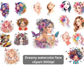 Verträumte Aquarell Frau Gesicht Clipart, Boho Blumen Porträts, PNG digitale Aufkleber (300 DPI)