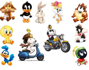 Pacchetto di immagini PNG di animali dei cartoni animati, clipart di personaggi per bambini, design retrò per sublimazione (download digitale)