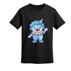 May include: Black t-shirt with a cartoon clown design. The clown has blue skin, hair, and a polka-dot outfit. It has a red nose, a colourful collar, and a party hat. The clown is waving with a smile.