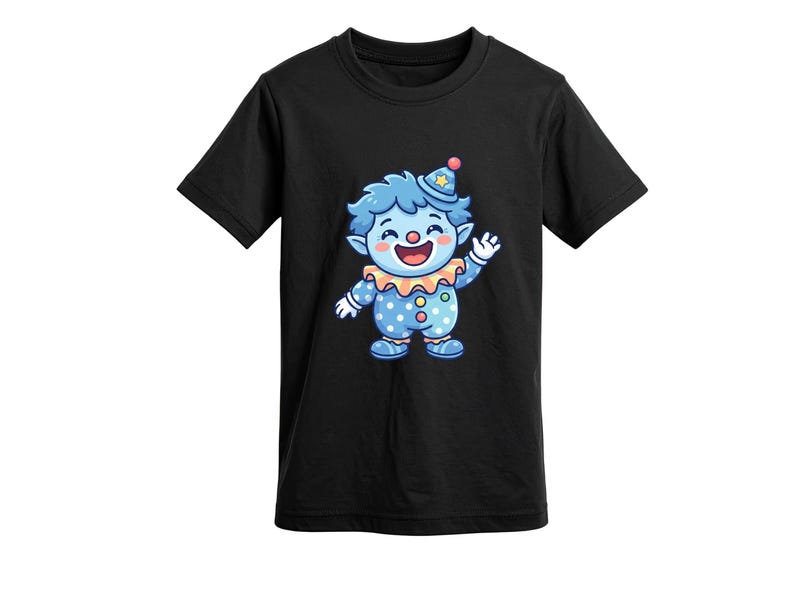 May include: Black t-shirt with a cartoon clown design. The clown has blue skin, hair, and a polka-dot outfit. It has a red nose, a colourful collar, and a party hat. The clown is waving with a smile.