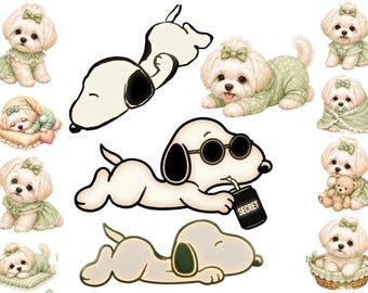 Snoopy Welpe PNG Bundle, Kawaii Hund Clipart, grüne Aufkleber (Digitaler Download)