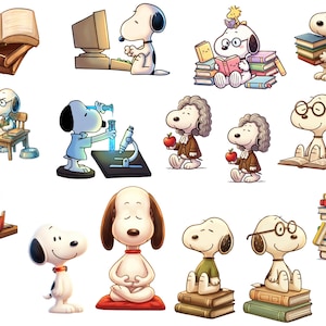 Puede incluir: Una colección de ilustraciones de Snoopy que muestran al beagle blanco en diversas actividades, incluyendo leer libros, usar una computadora, realizar experimentos científicos, usar una corona, meditar e interactuar con pilas de libros.