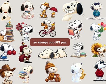 Snoopy PNG Bundle, 20 Cartoon Hund Clipart, transparenter Hintergrund (Digitaler Download)