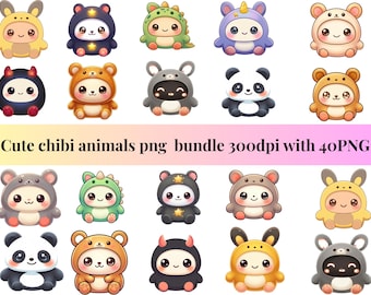 Kawaii Chibi Tiere PNG Bundle: 40 Clipart Dateien (Digitaler Download)
