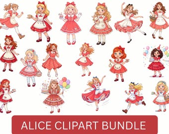 Alice im Wunderland Clipart-Bundle | Rotes Kleid Cartoon Mädchen, Tea Party Geburtstag (Digitaler Download)