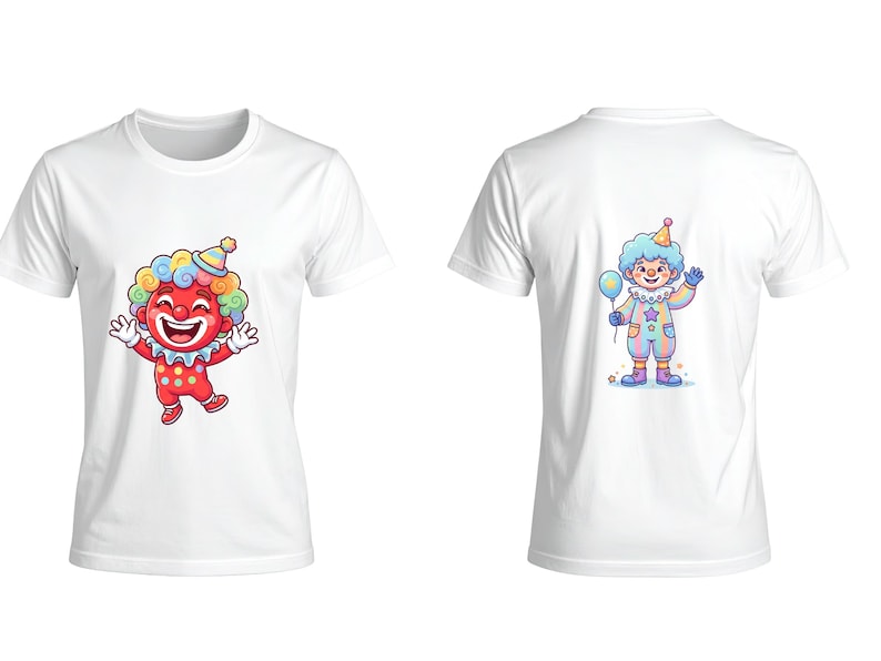May include: White t-shirt with a cartoon clown design. The front shows a smiling clown in a red outfit and curly hair. The back of the shirt features a clown holding a balloon. A fun and playful design, suitable for casual wear.