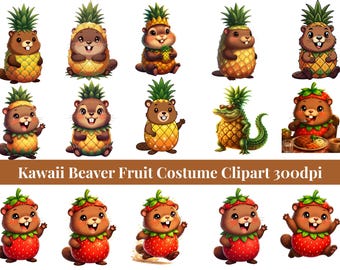 Beaver Obst Kostüm Clipart Bundle | Erdbeere Ananas Chibi Tiere (300dpi)