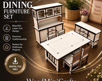 ミニチュアキッチン家具SVG | ドールハウス家具 | キャビネット、テーブル、椅子 | レーザーカットファイル | デジタルダウンロード