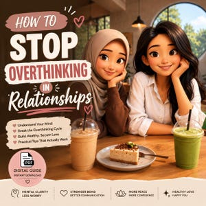 May include: An illustrated digital guide cover titled "How to Stop Overthinking in Relationships." Two smiling women are featured, along with coffee drinks and a slice of cake. The guide promises to help understand your mind, break the overthinking cycle, and build healthy, secure love.