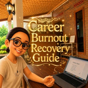 Puede incluir: Ilustración de una persona sonriente con gafas, con el texto "Career Burnout Recovery Guide" en letras doradas. Un portátil abierto sobre una mesa de madera. La escena se desarrolla al aire libre en un ambiente cálido.