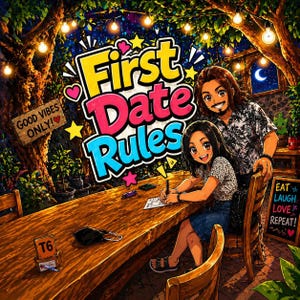 May include: An illustrated scene with the text "First Date Rules" in a colorful, playful font. A couple is seated at a wooden table under string lights. The words "Good Vibes Only" and "Eat, Laugh, Love, Repeat" are also visible.