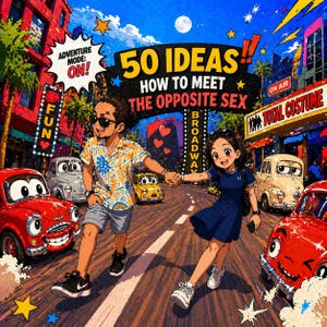 May include: Illustration of a couple walking down a street with cartoon cars. The image has text that reads "50 Ideas How to Meet the Opposite Sex" and "Adventure Mode: On!" The scene is set in a city with palm trees.