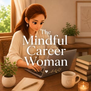 May include: An illustration of a woman using a laptop. The text "The Mindful Career Woman" is displayed on the screen. A mug with a heart, a candle, and a stack of books are on the wooden desk. A plant is also visible.
