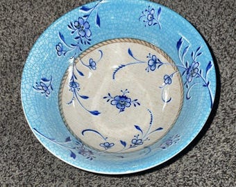 Japanese Rice Bowl Ume Kannyu Blue Floral Turquoise Crackle Made in Japan 5.75"