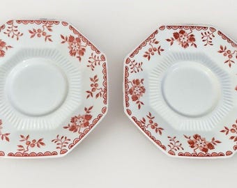 2 Vintage Independence Ironstone Mary Jane Red Floral Octagon Saucers 6" Japan