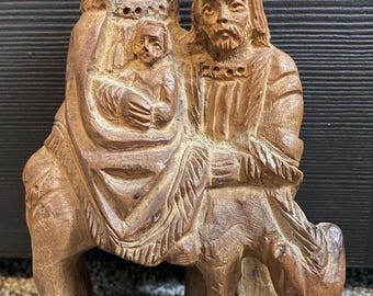 Olive Wood Vintage Holy Family Flight to Egypt Bethlehem Carving 6 1/2”