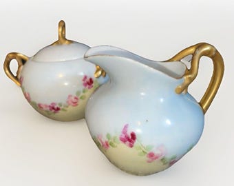 1907 Hand Painted Porcelain Creamer Sugar Set Roses Gold Gilt L.M.L. Si