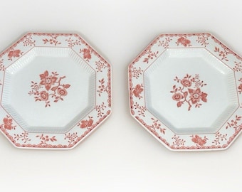Vintage Pair Independence Ironstone Mary Jane Pink Floral 8in Octagon Plates