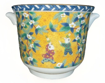 Vintage Takahashi Windsong 1988 Porcelain Cachepot Yellow Floral Children Japan
