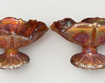 Pair Indiana Glass Marigold Carnival Kings Crown Compote 5" Thumbprint Vintage